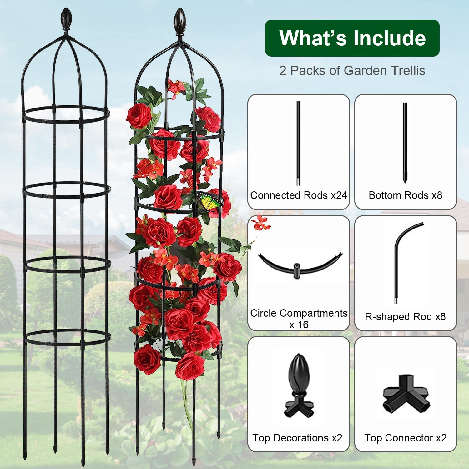 Moclever 2 Pack Garden Obelisk Trellis, 5.9ft Rustproof Plant Trellis for Climbing Plants Flower Vegetable Vine Support, Black