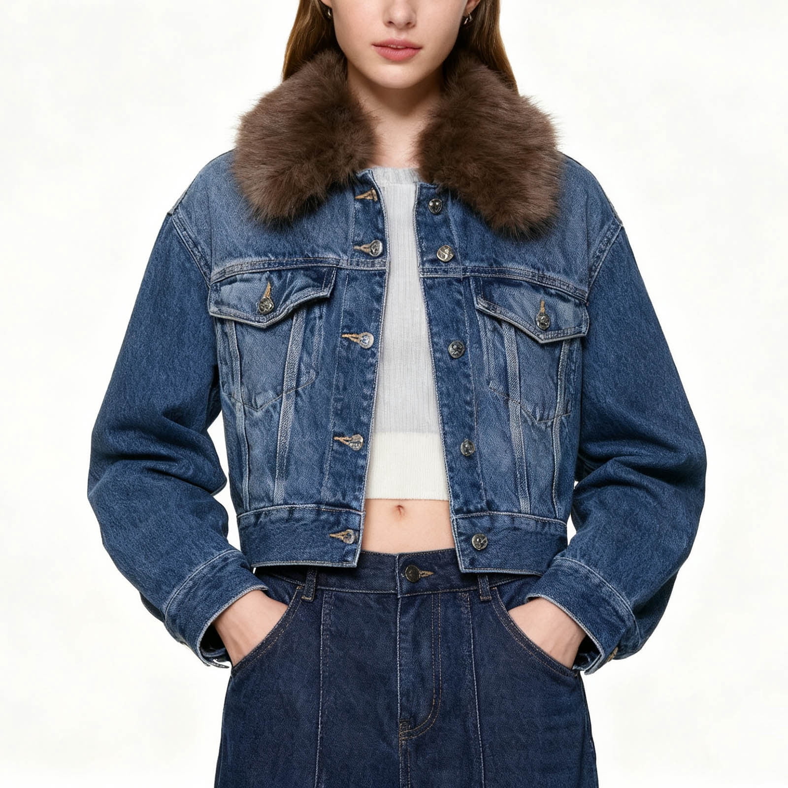 Oksale Cropped Jean Jacket for Women Faux Fur Collar Button Denim Jacket with Pockets Loose Long Sleeve Outerwear Streetwear Fashion Clothing Blue L