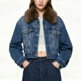 thumbnail image 2 of Denim Jacket for Women Long Sleeve Button Down Jean Coat Short Outerwear with Faux Fur Collar Blue L, 2 of 9