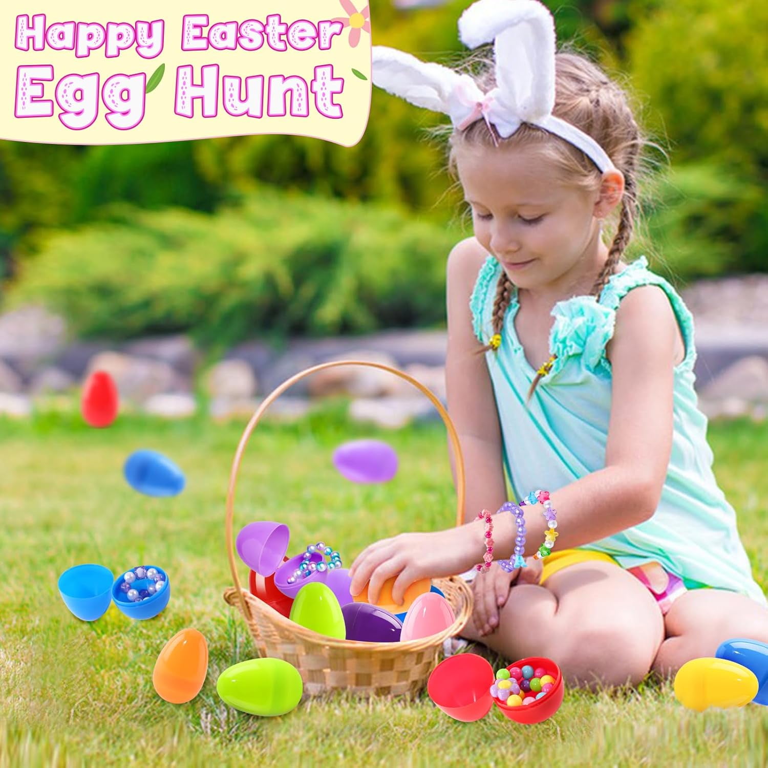 Prefilled Easter Eggs with Bracelets ,24 Pack Easter Basket Essentials Easter Basket Stuffers for Easter Eggs Hunt Game, Easters Party Favors for Girls