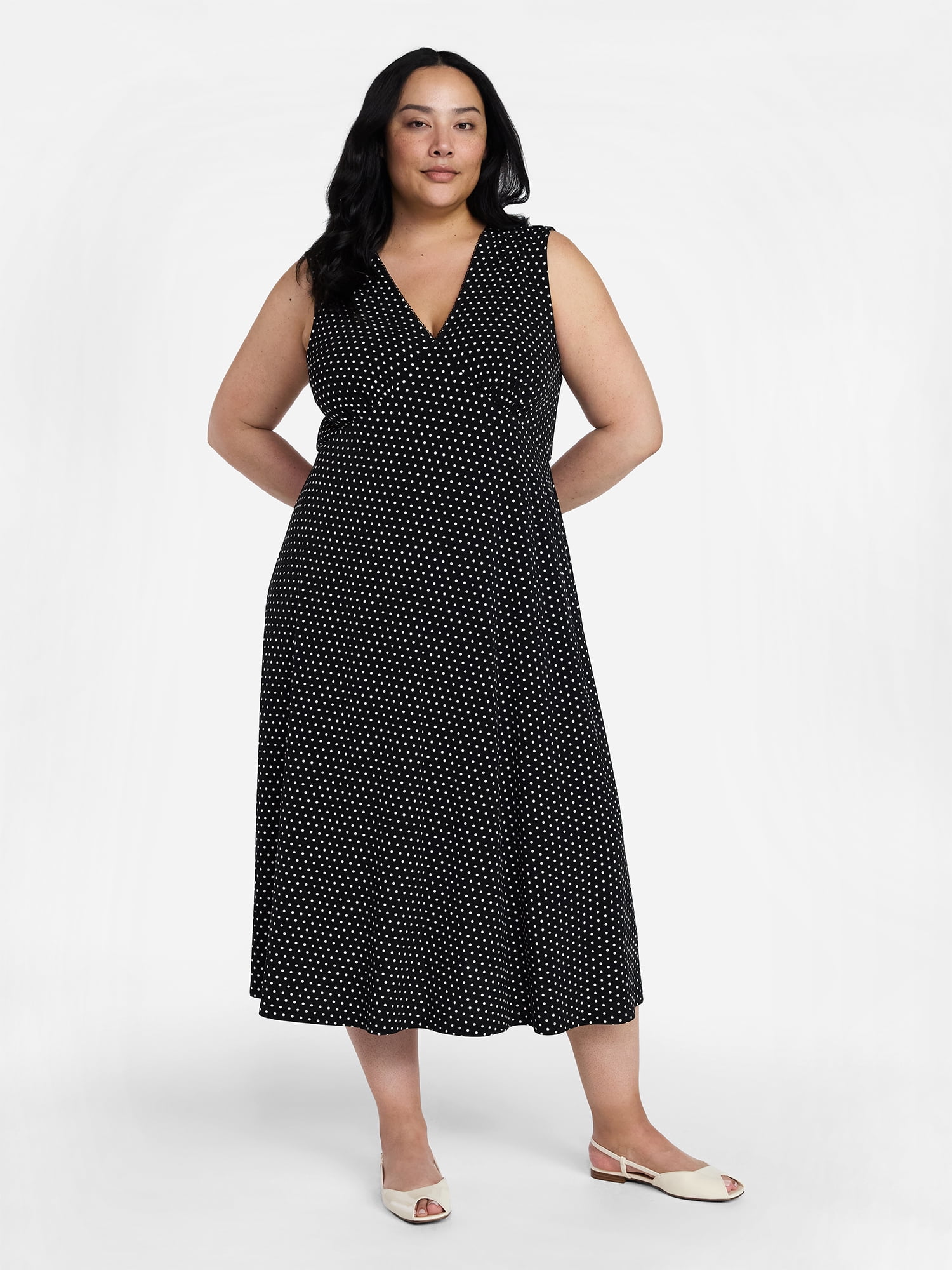 Time and Tru Women's Sleeveless V-Neck Printed Midi Dress, Sizes XS-XXXL