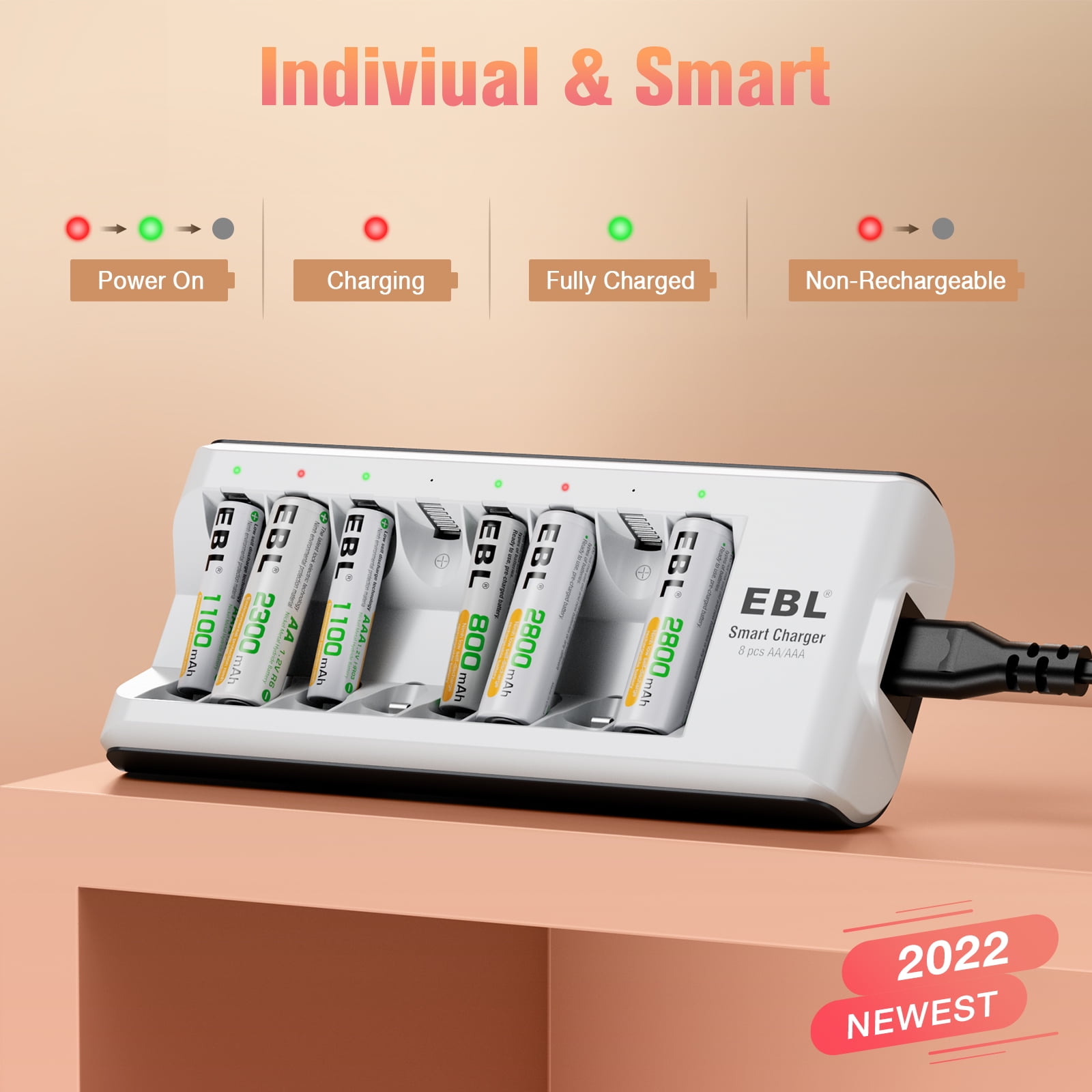 EBL AA Rechargeable Batteries 2800mAh (8 Pack) + Battery Charger for Ni-MH Ni-CD AAA AA Batteries