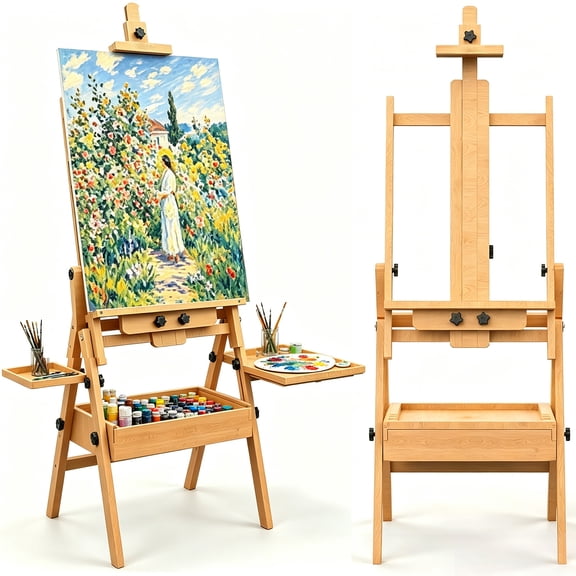 Beech Wood H-Frame Easel with Storage Box, Foldable Art Easel with Palette Holder, Adult Student Painting Easel Stand, Holds Canvas Art up to 48"