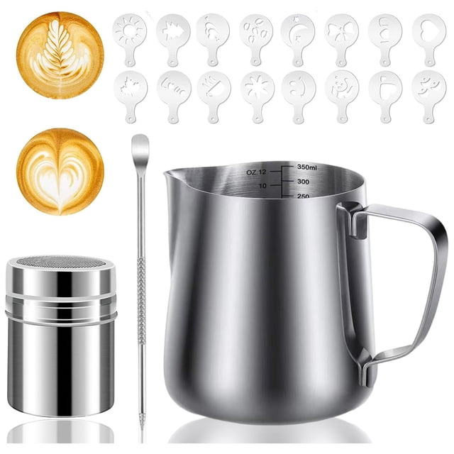 Jarra para Espumar Leche de Acero Inoxidable, Jarra Leche con Marca de Medición 350ml/12oz, Barista Pen y 16 Plantillas de Decoración y Especiero Malla Fina de Café