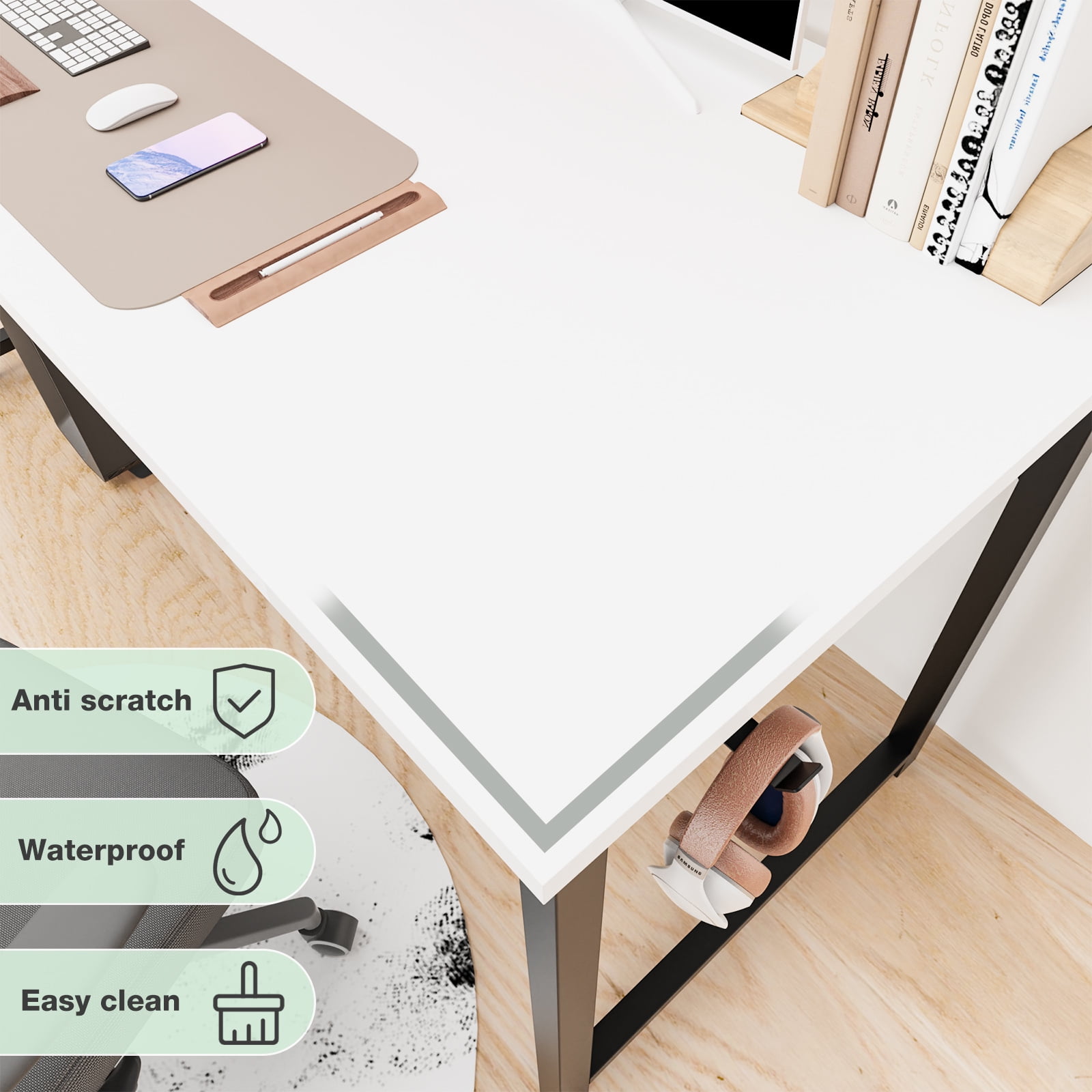 MAYEERTY 47 Inch Writing Desk with Fabric Drawers & Storage Bag, Modern Home Office Desk,White