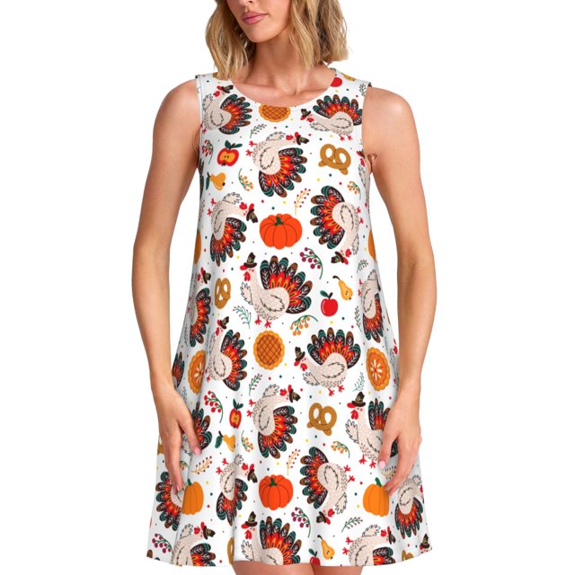 Xecao Dinde et Action de Grâce2 pour Robes d'Été pour Femmes Robes Décontractées de Plage Robes Sans Manches T-Shirt Robe Évasée avec Poches