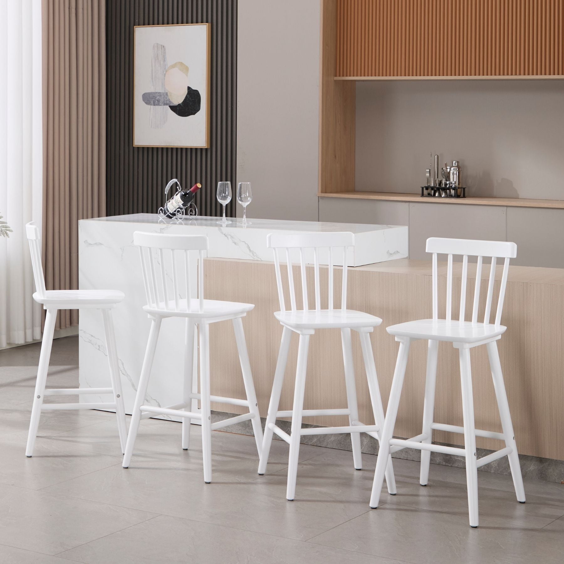 Dayalane Windsor Bar Stools Set of 4, 26" Farmhouse Wooden Counter Height Barstools with Spindle Back & Footrest, Armless Kitchen Island Stools for Bistro, Pub, Breakfast Bar,White