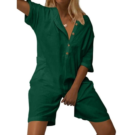 

Niuer Women Jumpsuits Button Down Shorts Wide Leg Romper Boho Playsuit Half Sleeve Bodysuit Dark Green 3XL