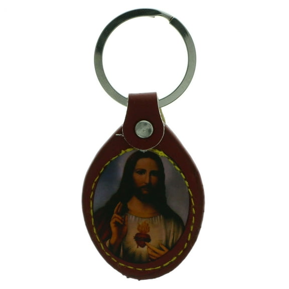 Faux Leather Inspirational Keychain with Oval Shaped Picture of Jesus Christ