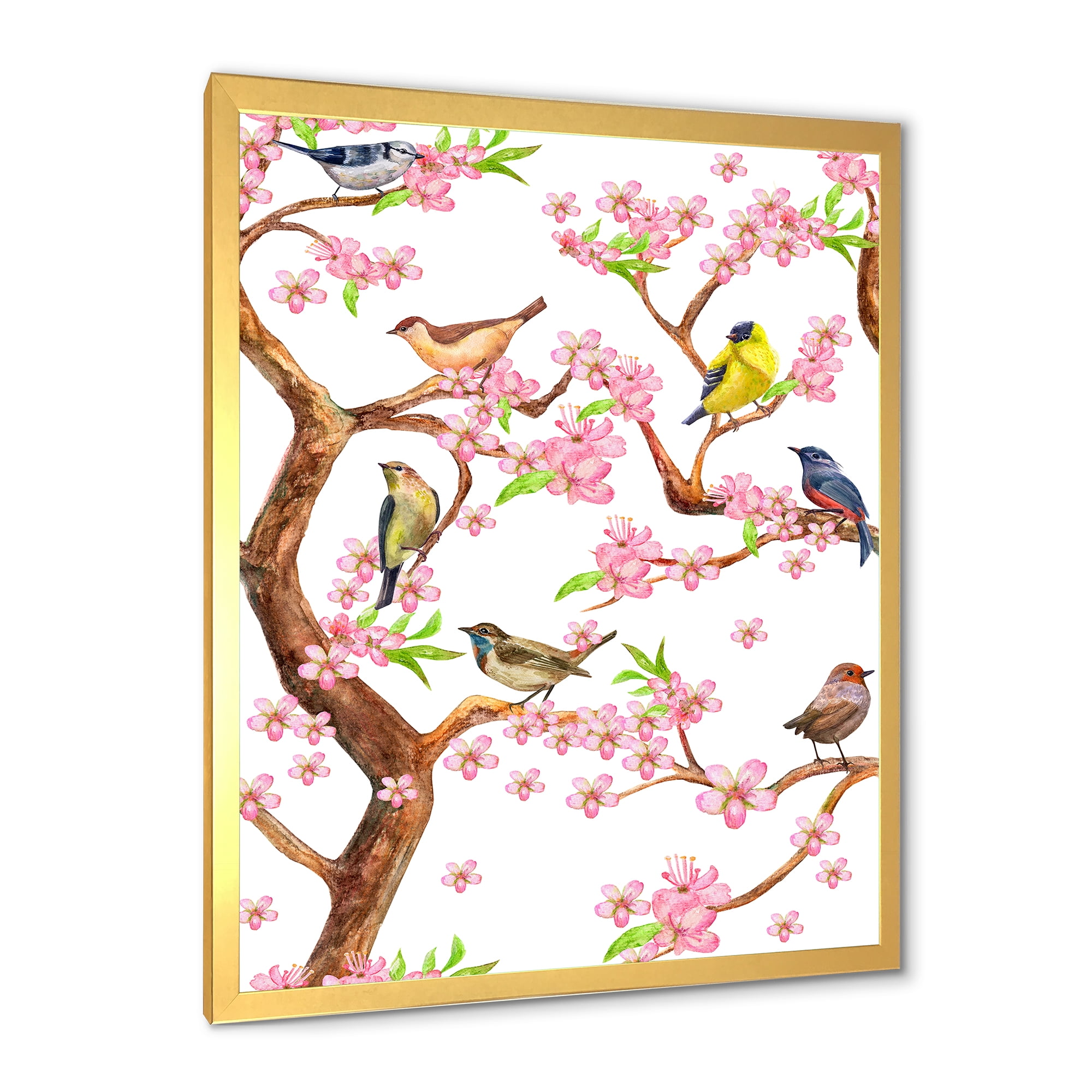 Colorful Little Birds On Spring Flowers Tree 16 in x 32 in Framed Painting Canvas Art Print, by Designart