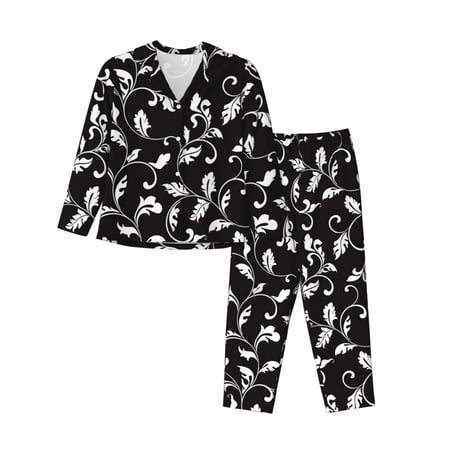 2 Piece Womens Pajama Sets - black white leaves Soft Sleepwear Comfy Pajamas Ladies Pj Lounge Sets with Pockets  Long Sleeve Button Shirt and Pajama Pants Pjs Sets for Women