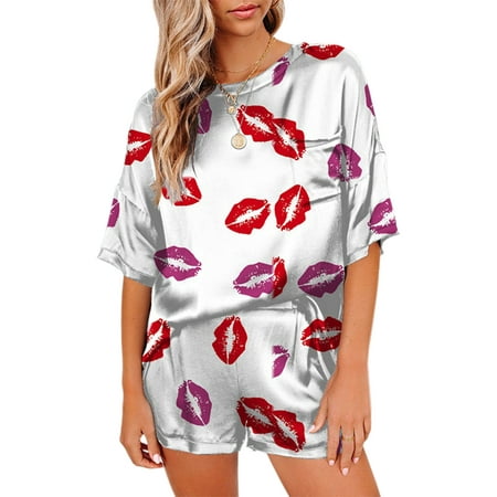 

Lumento Womens Sleepwear Satin Silk Pajama Tops and Shorts Soft Silky Nightwear Short Sleeve Floral PJ Sets Loungewear