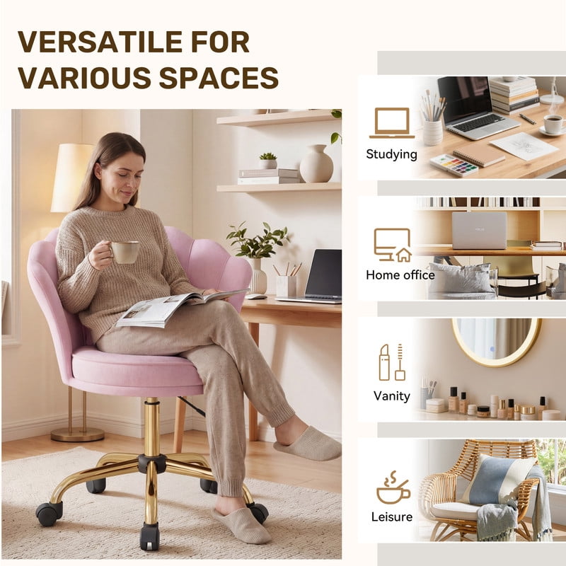 Hawsaiy Shell Back Home Office Chair with Lumbar Pillow, Modern Upholstered Desk Chair with Gold Metal Base, Swivel Adjustable Computer Chair for Home Office, Pink