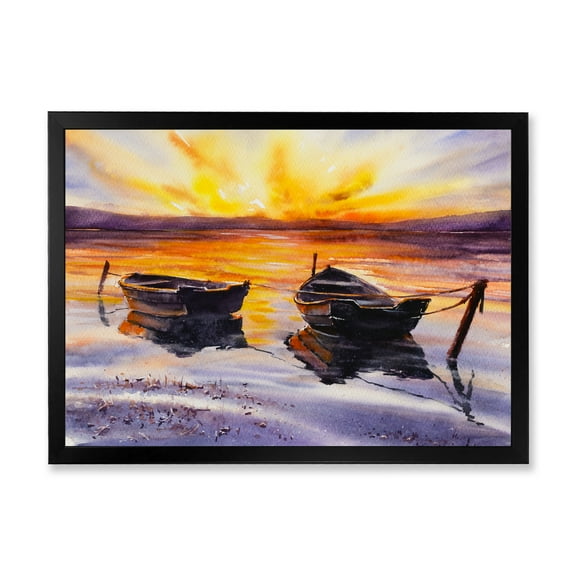 Designart 'Two Small Boats Parking On The Shore and Sunset' Lake House Framed Art Print