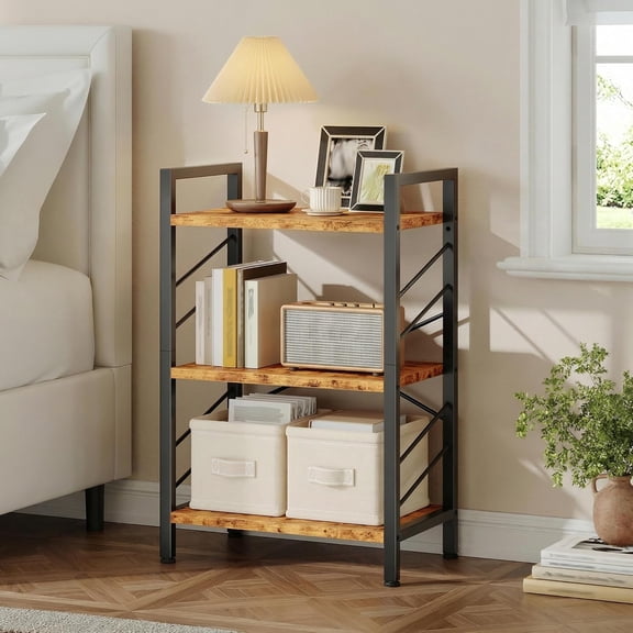 Yuanmin 3 Tier Small Bookshelf for Narrow Space, Rustic Brown | Storage Shelves, Sidebars and Metal Frame