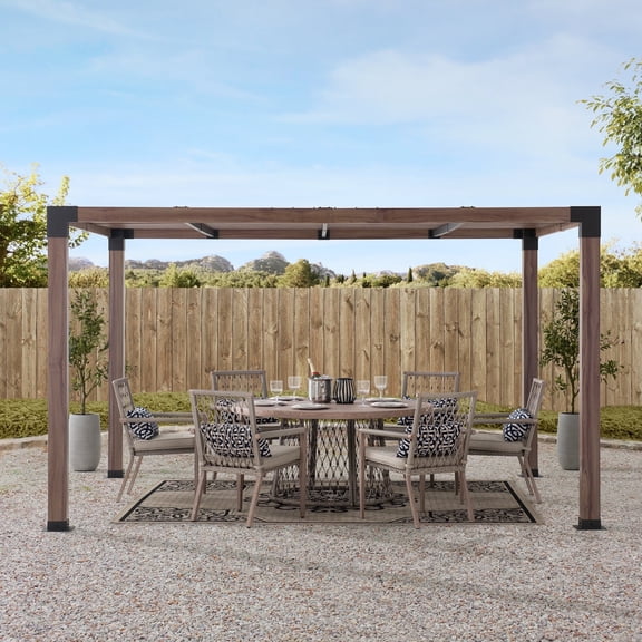 Sunjoy Outdoor Pergola 10 x 12 ft. Steel Frame Pergolas with Nature Wood Grain Finish for Patio, Garden and Backyard Activities
