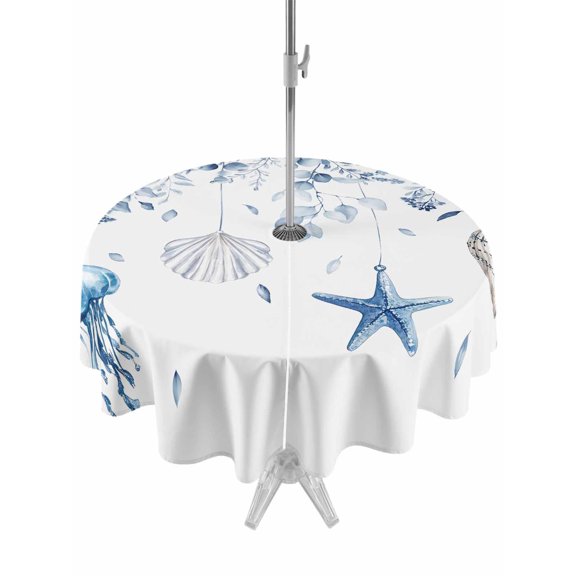 Outdoor Table Cloth with Umbrella Hole and Zipper,Blue Coastal Waterproof Round Tablecloth 54 Inch,Summer Eucalyptus Leaves Beach Ocean Starfish Nautical Washable Table Cover for Outside Party Picnic