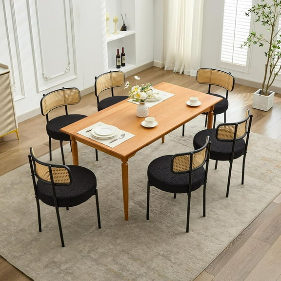 Modern Dining Chairs Set of 6, Upholstered Corduroy Accent Kitchen Chairs with Rattan Cane Back & Black Metal Legs Side Chairs for Kitchen Living Room Bedroom
