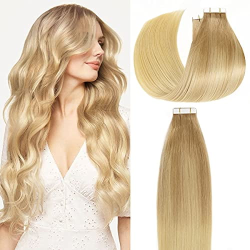 Lacerhair 22 Inches 20 Pieces 50 Grams Virgin Remy Tape in Extensions  Invisible Balayage Color #12/613 Golden Brown with Bleach Blonde Brazilian  Unprocessed Virgin Human Hair Remy Tape in Ex 
