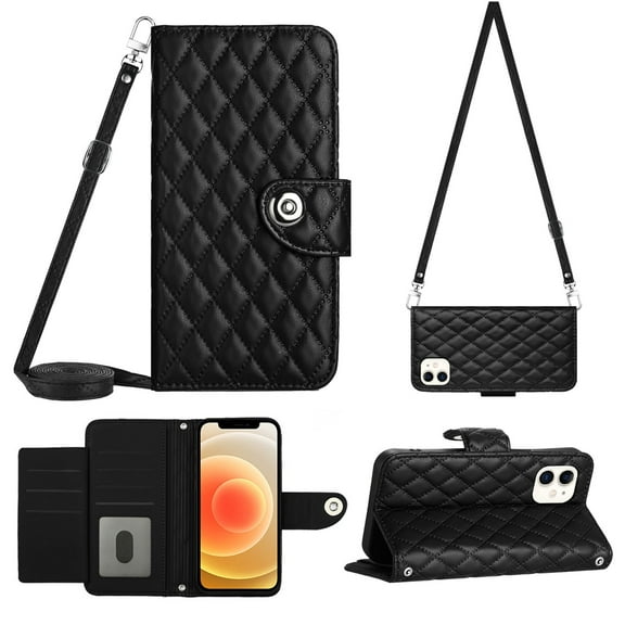 Crossbody Strap Case for iPhone 12 Wallet case Women Girls 【RFID Blocking】For iPhone 12, Crossbody Phone case Magnetic Closure Flip Cover Credit Card Holder Kickstand, Black