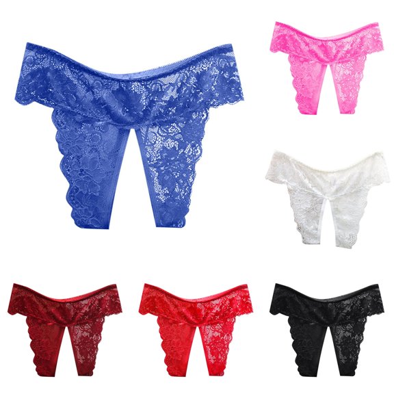 Gyujnb Women's Low Rise Lace Panties, Open Crotch Plus Size Sheer Floral Briefs,Blue