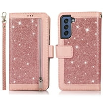Galaxy S21 FE Case Wallet with Card Holder, Dteck Bling Glitter Leather Magnetic Stand Flip Case Zipper Purse Handbag Clutch with 9 Card Slots & Strap for Samsung Galaxy S21 FE 5G, Pink
