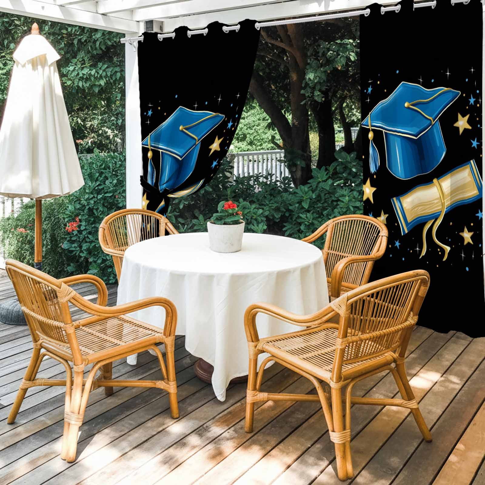 Blue Graduation Cap Outdoor Curtains for Patio, Diploma Yellow Sparkling Stars Abstract Tassels Black Sunshade Privacy Drapes Grommet Waterproof Outside Curtains for Porch Balcony 54"x108", 1 Panel