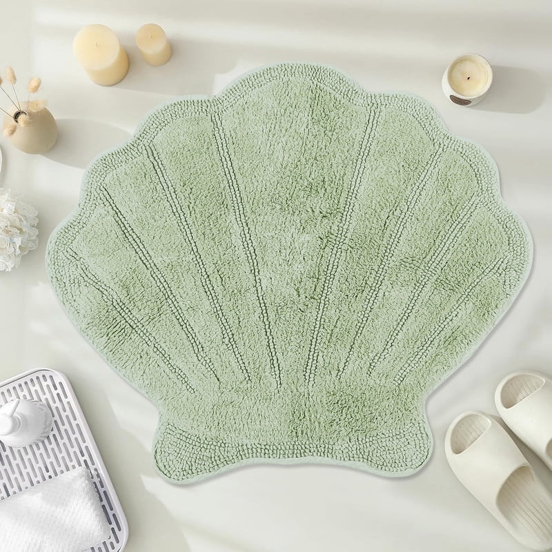 Better Trends Seashell Bath Rug, 100% Cotton Cute Beach Theme Bathroom Mat, Soft & Absorbent, Reversible, Washable Foot Mat, Sage Sea Decor for Kids & Home, 25" x 28" Marilyn Collection