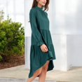 thumbnail image 4 of Women's High Neck Tiered Swing Dress with Long Sleeves- Large, Dark Green, 4 of 7