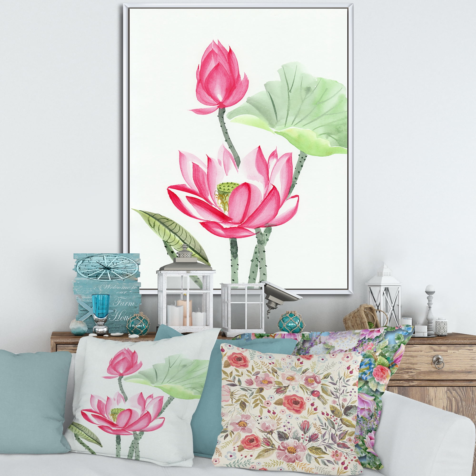 Designart 'Ancient Pink Lotus Flower' Traditional Framed Canvas Wall Art Print
