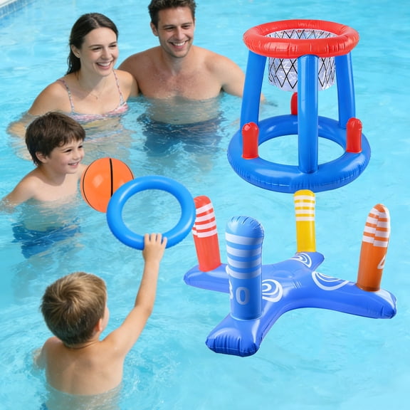 AYAMAYA Pool Toys Set, 2-Pack Inflatable Floating Basketball Hoop and Inflatable Ring Toss Pool Games with Score for Summer Water Pool Toys