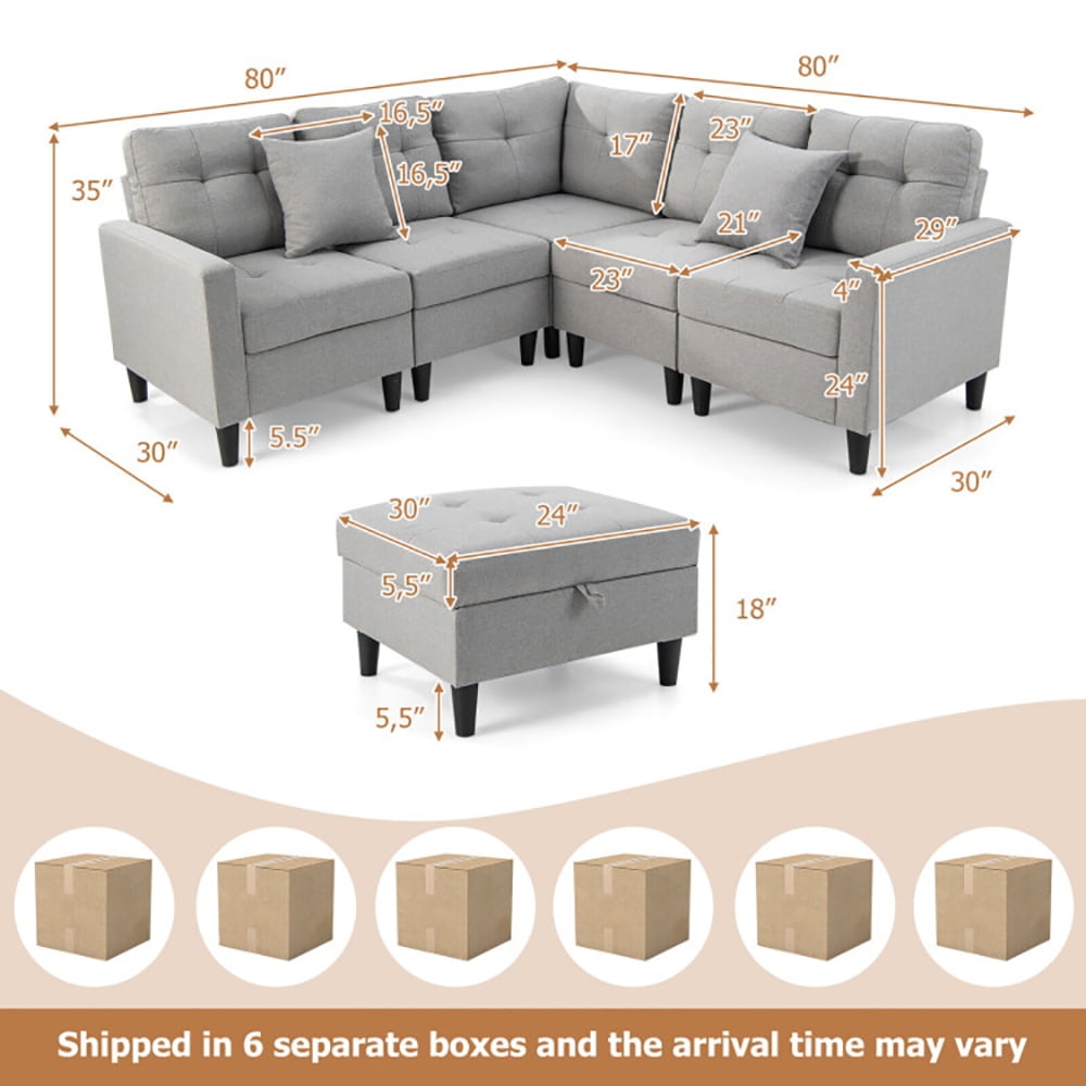 Finihen L-shaped Sectional Sofa Couch, Upholstered L-shaped Sectional Couch, L-shaped Sectional Corner Sofa Set with Storage Ottoman, for Living Room, Gray