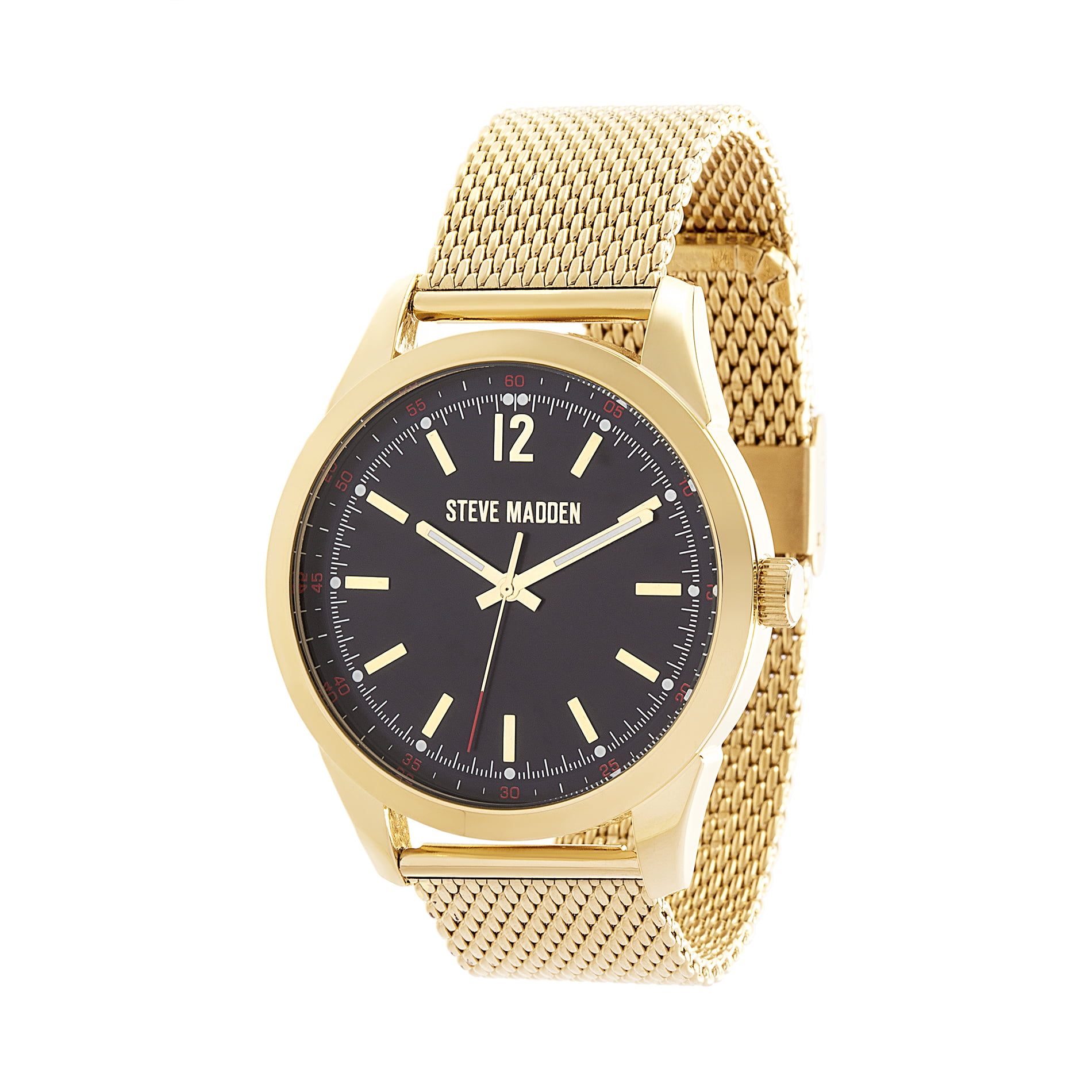 Mens Round Case Black Dial Yellow Gold-Tone Mesh Band Watch 