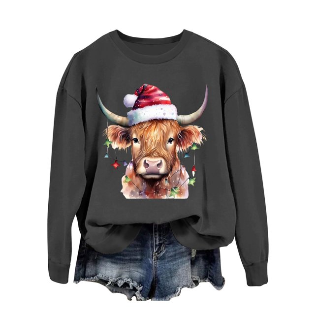 Chandail en Molleton Décontracté à Manches Longues pour Femmes, Imprimé Vache Western de Noël