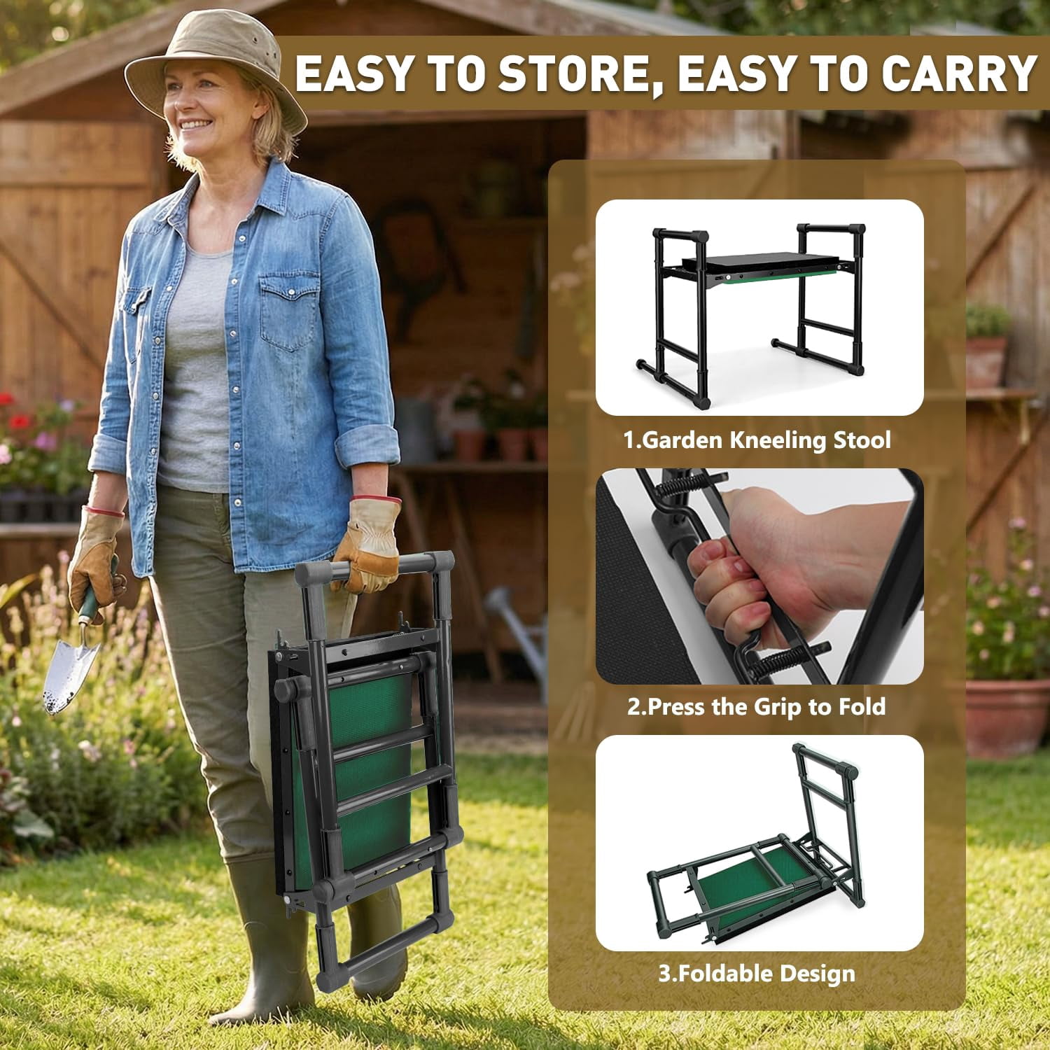 Garden Kneeler and Seat for Seniors – Heavy Duty Anti-Tip Gardening Stool with Widened Thick Soft Kneeling Pad, Foldable Garden Bench with Sturdy Handles, Gardening Gifts for Women Men Mom (Green)