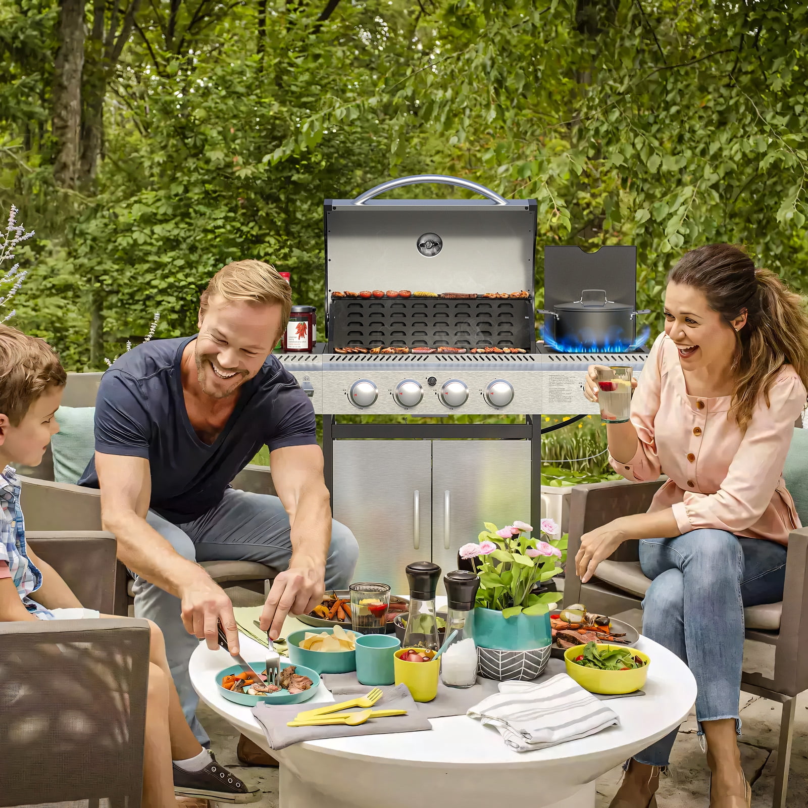 KNDKO 4-Burner Propane Gas Grill with Side Burner, 42,000 BTU Stainless Steel BBQ Grill, Porcelain-Enameled Cast Iron Grates, Heavy-Duty Design for Camping & Outdoor Cooking