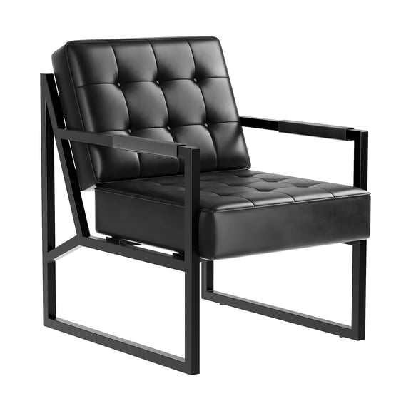Mid-Century Modern Accent Chair – PU Leather Upholstered Armchair with Thick Cushion, Sturdy Metal Frame – Black for Living Room, Bedroom, Office