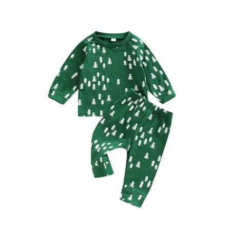 

Musuos Newborn Baby 2Pcs Winter Outfits Long Sleeve Christmas Tree Print Tops and Pants Set