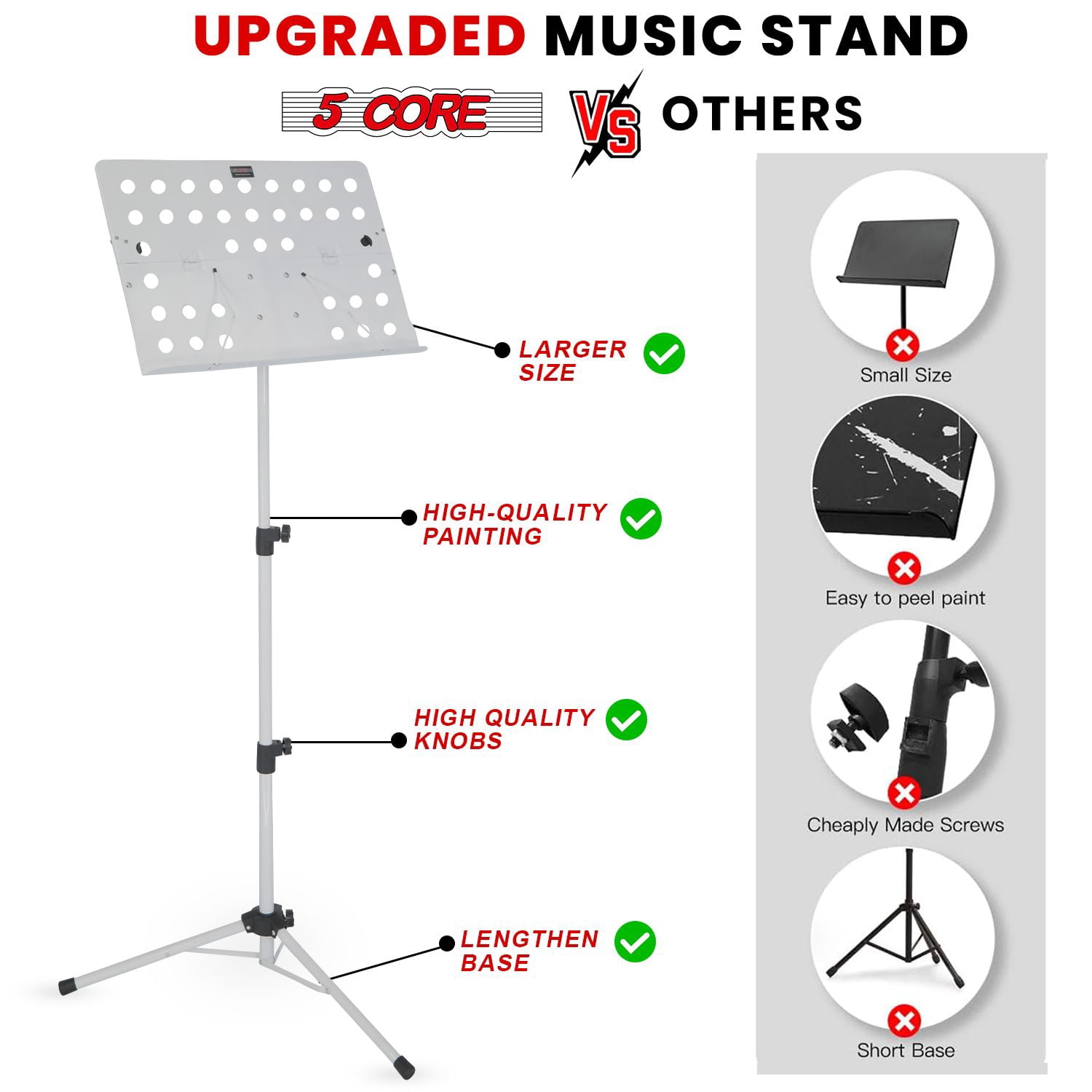 Music Stand For Sheet Music Height Adjustable Portable Folding Atril Para Partituras w Light Clip for Guitar Players Violinists Cellists Pianists - MUS FLD HD ACC WH