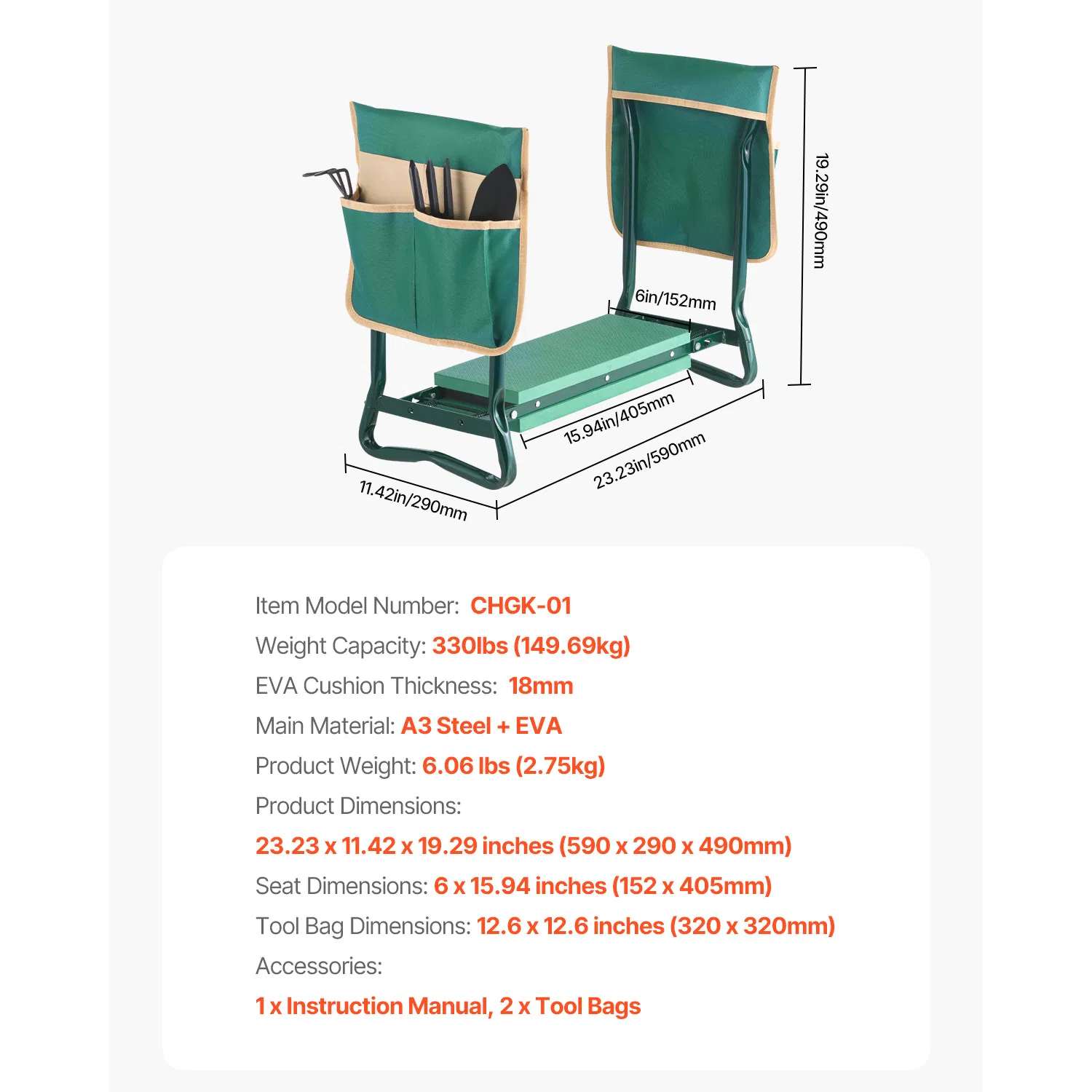 Heavy Duty Garden Kneeler and Seat with 6-Inch Wide Kneeling Pad,Portable Folding Bench for Pain Relief,Includes 2 Tool Bags Ideal for Seniors and Gardeners