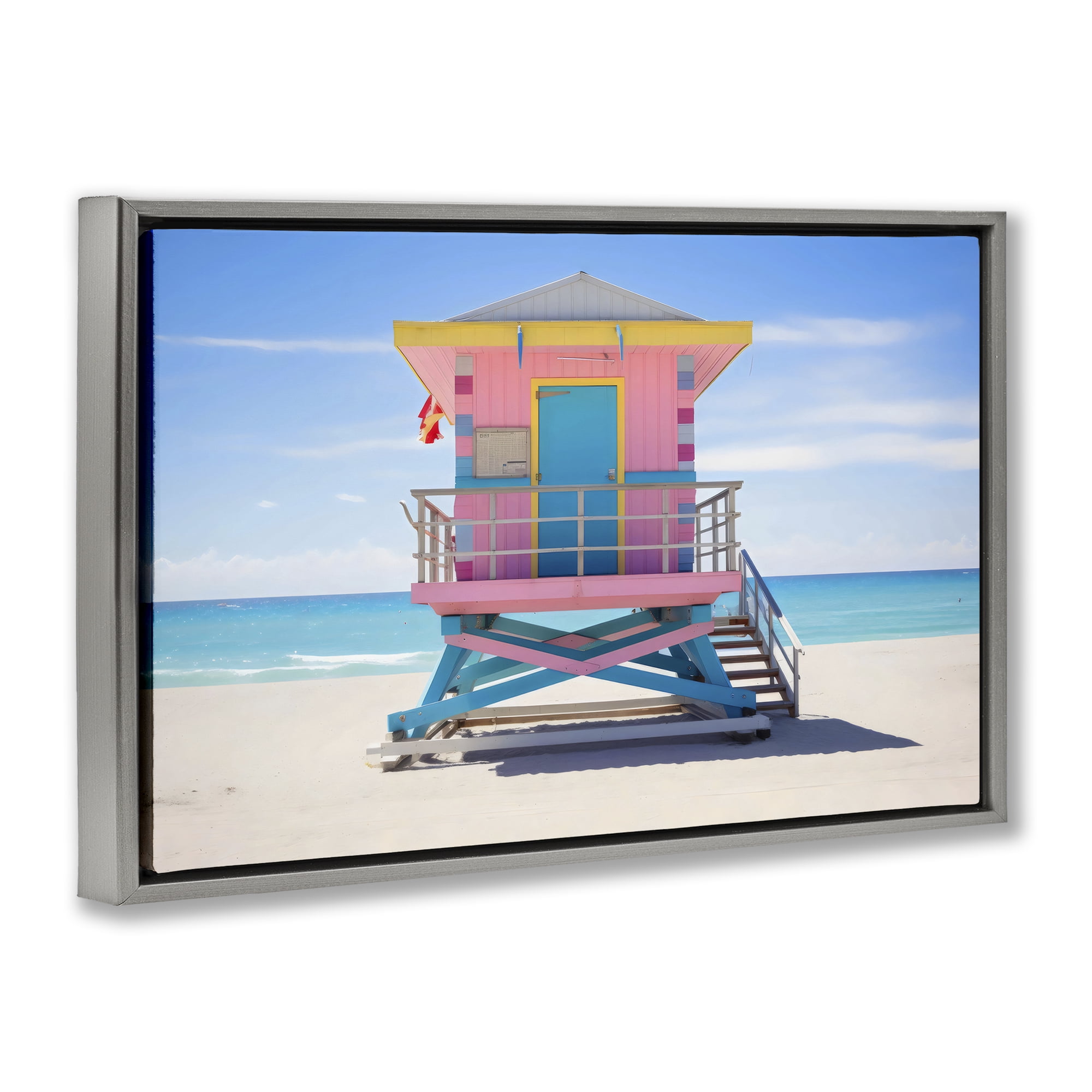 Stupell Industries Pastel Lifeguard Hut on Beach Gray Framed Floater Canvas Wall Art, design by Creative Studio