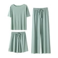 thumbnail image 3 of TYGHBN Summer New Ice Silk Pajamas Set Women's Short Sleeved Shorts Wide Leg Pants Solid Color Home Three Piece Set Can Be Worn Loosely Long Pajama Bottoms Women Woman Night Wear Woman Silk Pajamas, 3 of 3