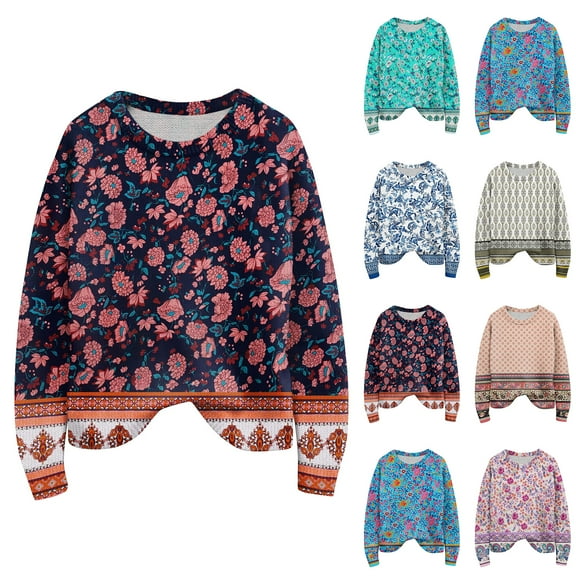 Long Sleeve Pullover Sweaters For Women O Neck Casual Cute Printing Knit Oversized Sweater for Fall Winter Floral Fashion,Blue,L