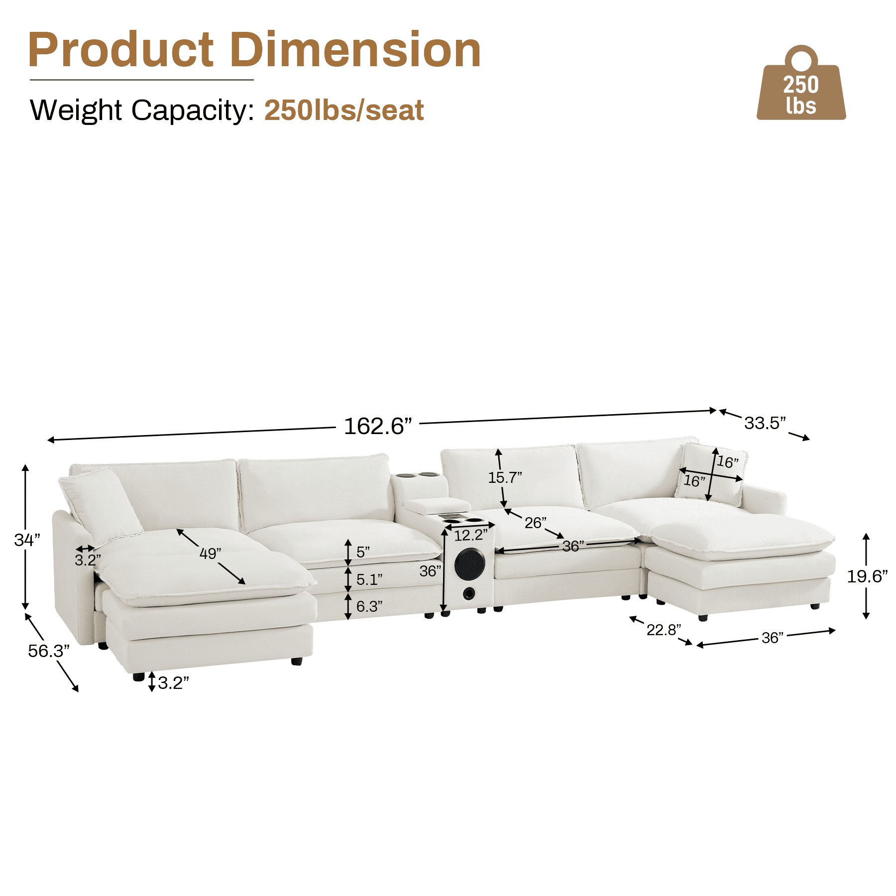 Rophefx 162.6" Modern U Shaped Sectional Sofa, Velvet Deep Seat Cloud Couches with Ottoman, Central Console and Double Layer Cushion