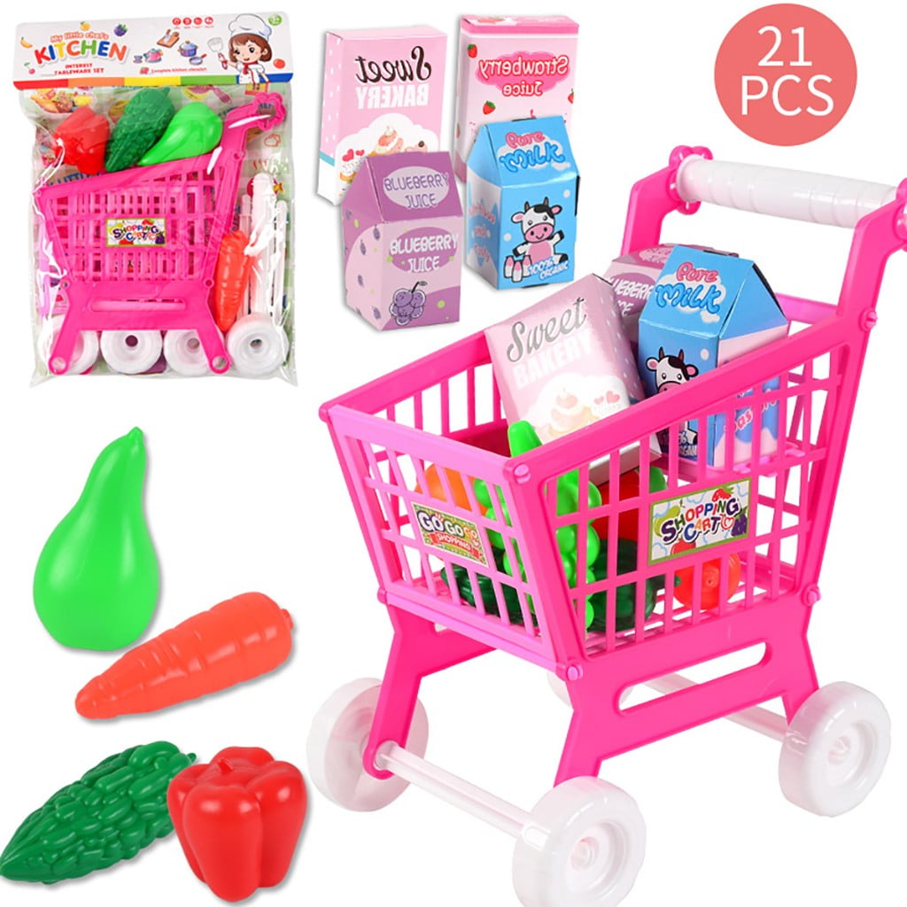 Enjoytime Pretend Play Simulation Children Shopping Cart Set with Fruits and Vegetables Toys for Kids Gift, Blue 