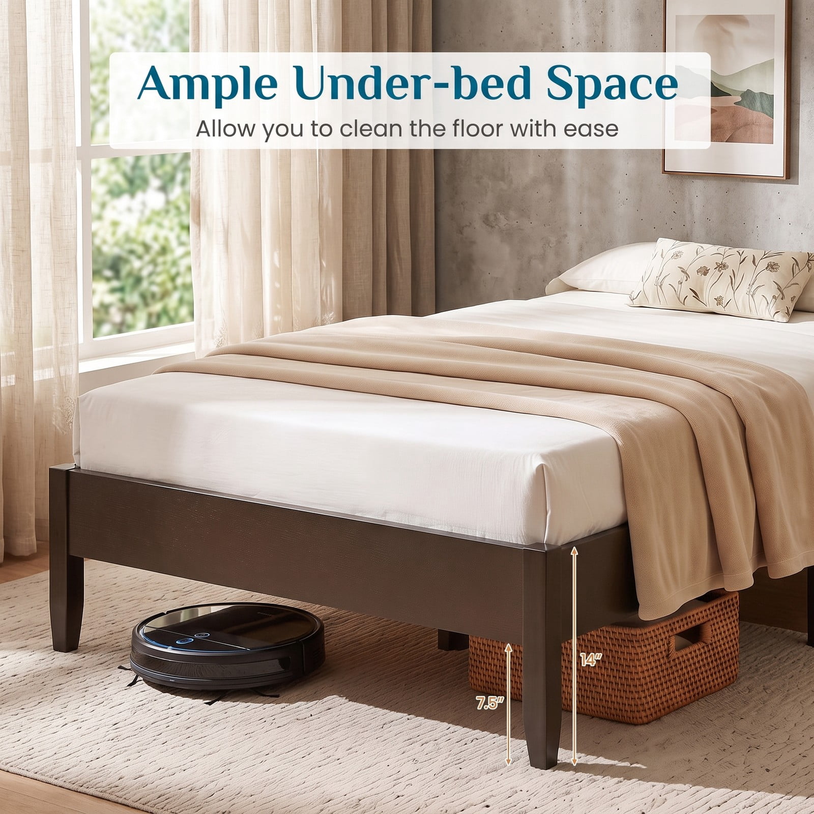 Furnibear Twin Bed Frame Wooden Bed Frame with Plank Headboard and 12 Slat Support for Bedroom and Guest Room, Dark Walnut