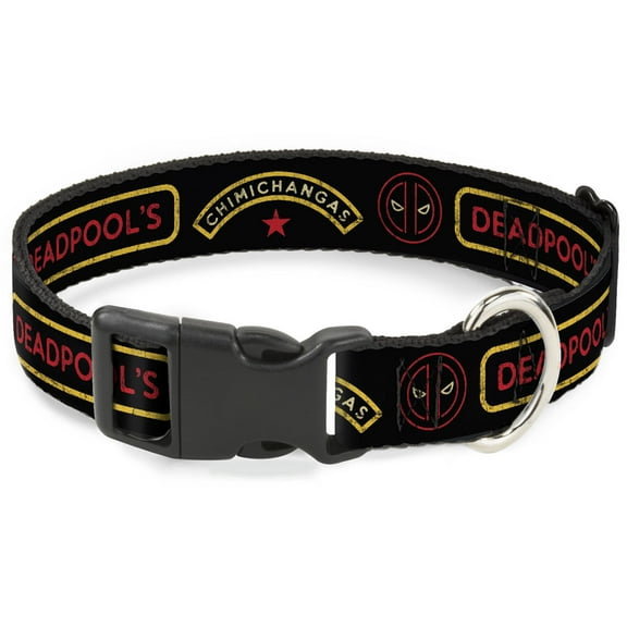 Marvel Comics Pet Collar, Dog Collar Plastic Buckle, Deadpools Chimichangas Star Logo Weathered Black Yellow Red, 7 to 8.5 Inches 0.5 Inch Wide