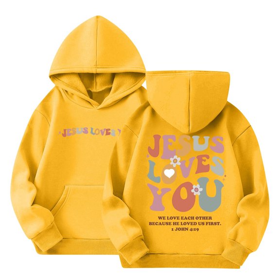 Grblisyd Cute Christian Graphic Hoodies For Girls Cute JESUS LOVES YOU Graphic Hoodie Kids Jesus Sweatshirt Religious Bible Verse Pullover