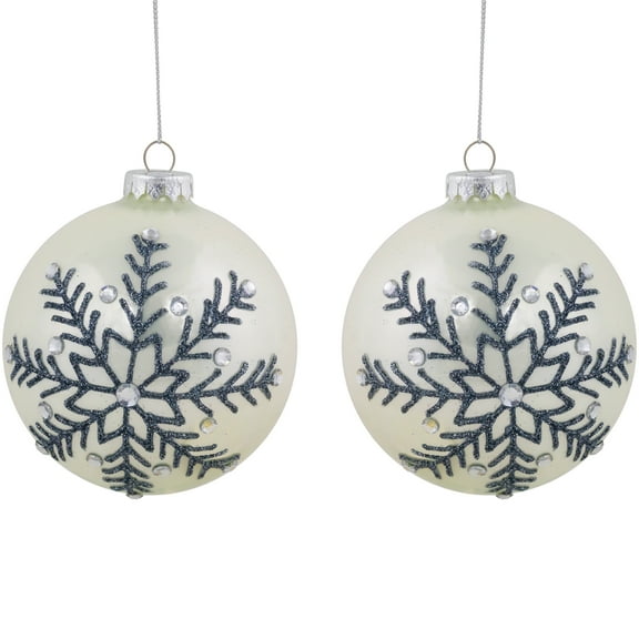 Northlight Set of 2 Shiny Pearl White Glittered Snowflake Glass Christmas Ball Ornaments 4"