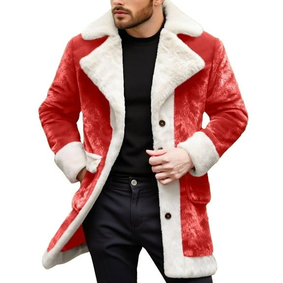 Mens Christmas Suit Christmas Cardigan Santa Jacket Coat for Men Hoodies Claus Adult Suit Outfit Party Women Warm Lined Long Red L